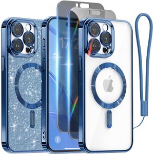 Meifigno Designed for iPhone 15 Pro Max Case with 2X Privacy Screen Protectors, [Glitter Card & Wrist Strap][Compatible with MagSafe] Surround Lens Protection for 15 Pro Max Case 6.7", Deep Blue