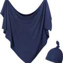 Newborn Swaddle Blanket with Hat Set Baby Swaddle Set Hospital Receiving Blankets for Girls Boys(Navy,35"*35")