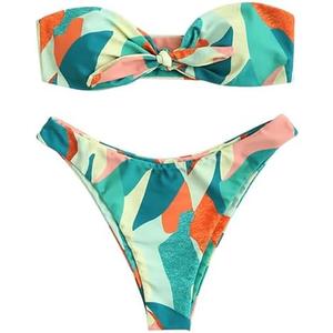 ZAFUL Knotted Bandeau Bikini for Women Strapless Swimsuits High Cut Bathing Suit Sexy Cheeky Tie Side Swimwears Medium