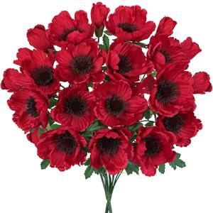 Hollyone 10 Heads Red Poppy Flowers Artificial 2Pcs Fake Poppies Flowers Bouquets with 7 Heads Full Bloom Poppy & 3 Buds Bouquet Stems Faux Floral Flower Arrangement for Party Table Home Decoration