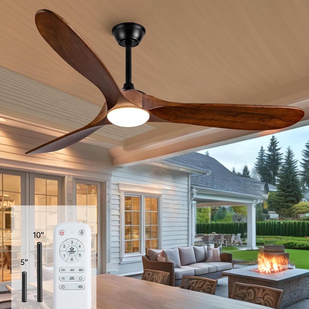 60 Inch Outdoor Ceiling Fans with Lights and Remote,3 Blades Wood Propeller, Quiet DC Motor,Dimmable Outdoor Ceiling Fans for Patios,Farmhouse,Living Room,Bedroom, Indoor,Walnut