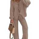 ZESICA Women's 2 Piece Outfits Lounge Pajama Sets 2025 Fall Long Sleeve Cardigans Wide Leg Pants Matching Winter Clothes Khaki Medium
