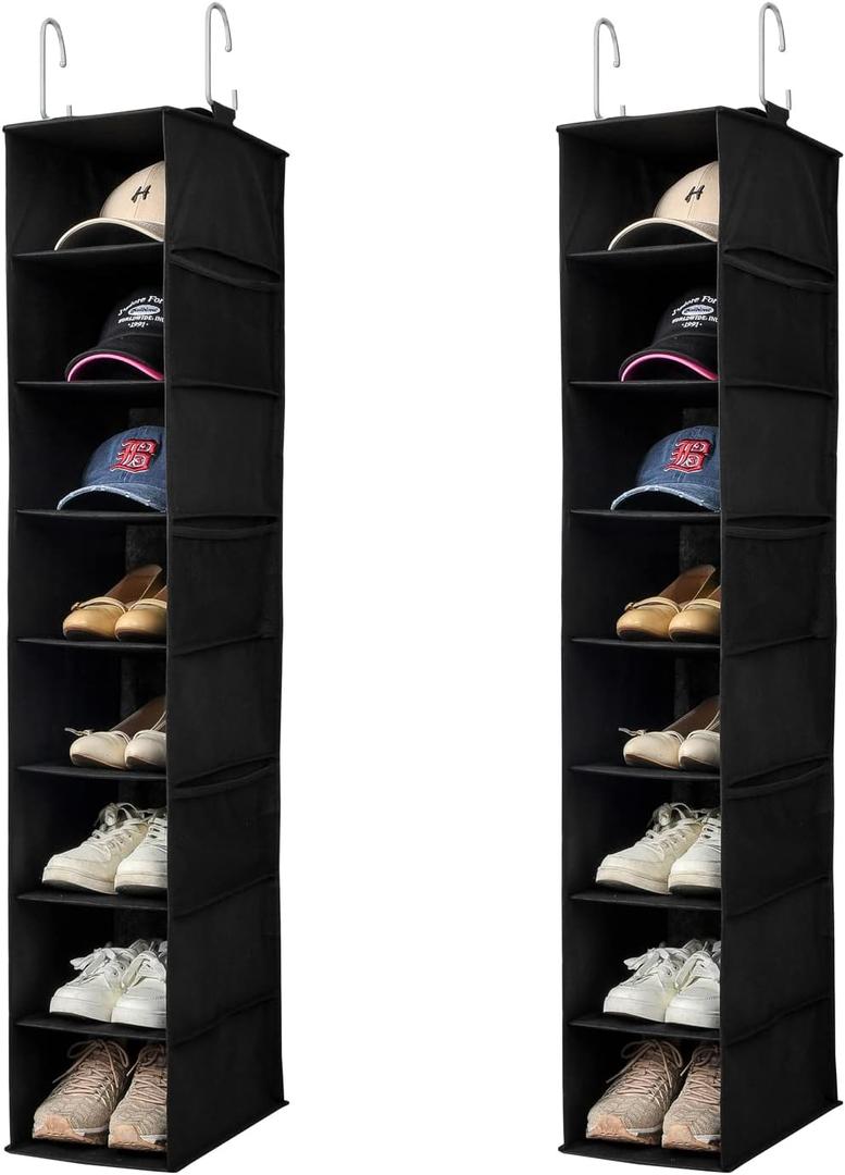 Berdeng Hanging Shoe Organizer for Closet with Side Mesh PocketsHat Racks for Baseball CapsShoe and Hat Holder & Storage8-ShelfBlack2 Pack