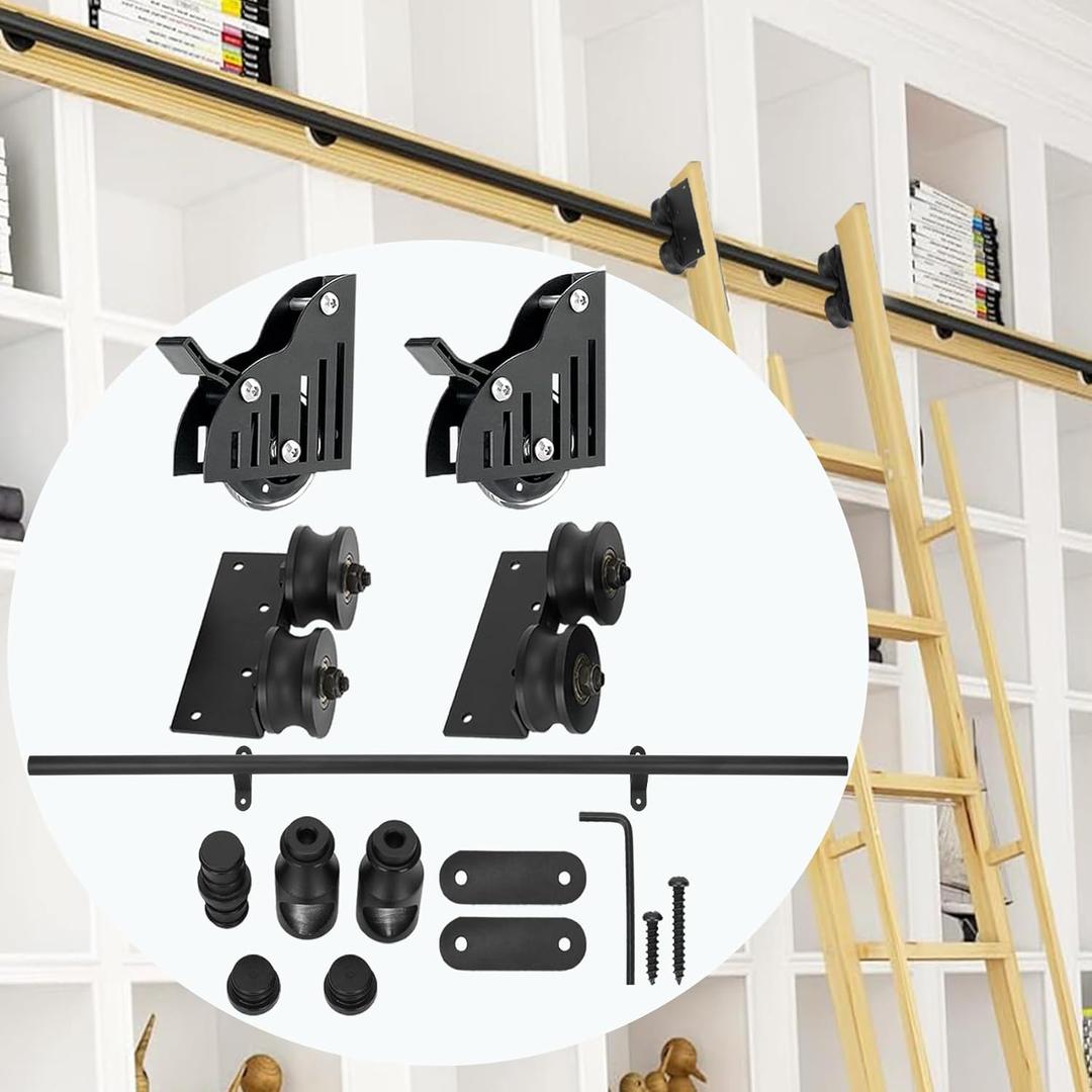 6.6FT Sliding Library Ladder Hardware, PU Silent Bottom Wheel with Brake, Carbon Steel Material Rolling Ladder Hardware No harm to Floors and Carpets, MAX Load 300lb