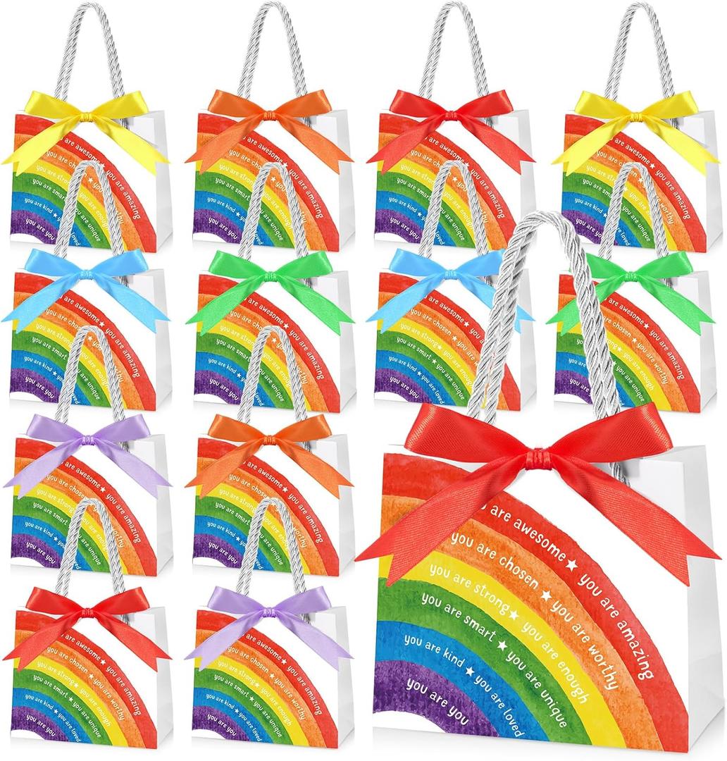 Kolldenn 18 Pack End of School Year Gift Bags for Students Rainbow Goodie Bags with Handles Ribbon Rainbow Inspiration Last Day of School Party Favors for Classroom from Teacher
