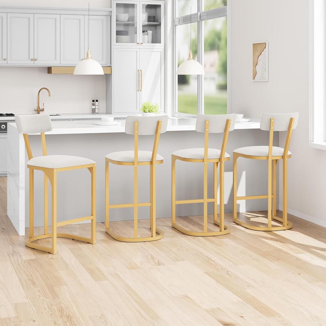 Garvee Bar Stools Set of 4, Counter Height Bar Stools for Kitchen Counter, Island Chairs for Dining Table, Modern Tall Barstools with Back, Metal Counter Stools with Upholstered for Kitchen (Gold)