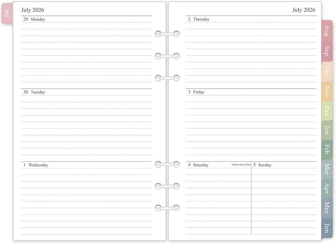 2026-2027 Weekly & Monthly Planner Refill for 6 Holes, A5 Medium Planner Inserts, 5.5"x8.5", July 2026 - June 2027, 12 Monthly Calendars with Colorful Laminated Tabs, 6-Hole Punched