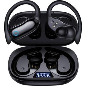 GNMN Active Noise Cancelling Ear Buds Wireless Earbuds 96hrs Playback Bluetooth Headphones Dual Battery Display Stereo Bass Earphones with Earhooks Microphone IPX7 Waterproof for Sports/Runing/Workout