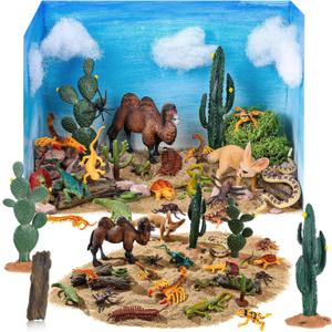 Soulchen 36 Pcs Desert Cardboard Diorama Box Kit 3D Desert Diorama Play Set Model Cactus Kit with Reptiles Camel Fennec Fox Lizard Snake Spiders for Birthday Gifts