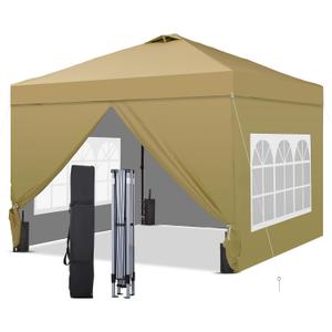 GDY 10x10ft Pop Up Canopy Tent with Sidewalls, Outdoor Canopy Gazebos, Beach Tent, Easy Set up Gazebo for Events, Parties, Camping, Brown.