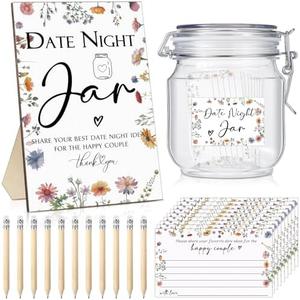 Geelin 114 Pcs Bridal Shower Games Include Date Night Jar Wooden Sign 100 Cards 10 HB Pencils 2 Stickers for Fresh off The Market Wedding Reception Games Date Idea Party Favors Decoration(Wildflower)