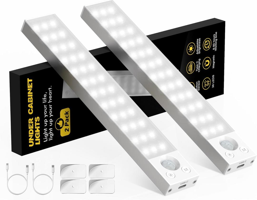Under Cabinet Lighting 1800mAh Long Battery Life,2 Pack Dimmable Motion Sensor Light Indoor,USB C Rechargeable Under Cabinet Lights Wireless,Under Counter Lights for Kitchen Drawers, Wardrobe, Stair (White)