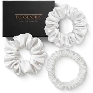 100% Pure 22 Momme Mulberry Silk Scrunchies (Set of 3) | Highest grade (6A) Luxury Hair Ties| (Black,White,Pink) | (White, Standard/Small/Skinny)