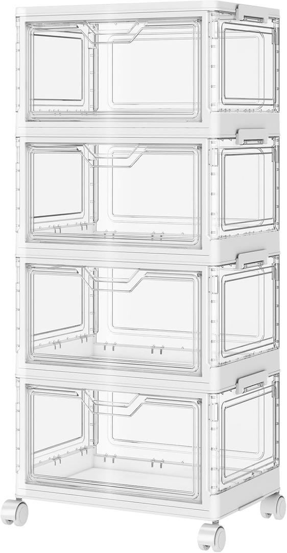 SNSLXH Portable Clear Storage Bins with Lid & Wheels, 24QT Clear Storage Bins with Lid, 4-Tier Plastic Bins with Wheels, Stackable, Magnetic Doors, for Bedroom, Living Room, Office (34.6*14.96*11in)