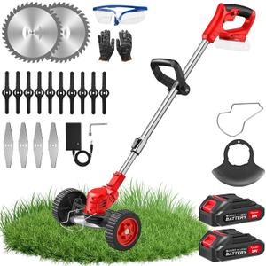 SakerPlus 24V Cordless Weed Wacker, 3-in-1 Electric Grass Trimmer & Brush Cutter with 2 Batteries, Lightweight Weed Eater Lawn Mower Edger with Wheels and 3 Blade Types for Yard, Lawn & Garden Care