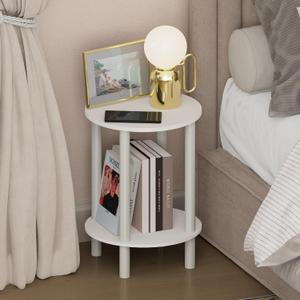 Furinno Turn-N-Tube Night Stand, 2-Tier Round Small Nightstand, Toolless Assembly Narrow End Table with Open Shelf, Side Table, Bedside Table, for Bedroom, Closet, Dorm, White