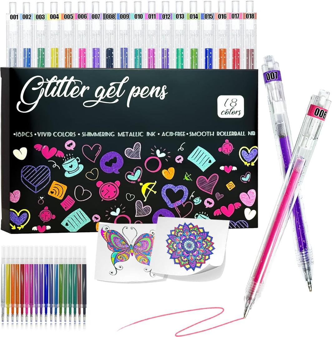 Glitter Pens 18 Colors with 18 Refills, Retractable Glitter Gel Pens for Adult, Vibrant Sparkle Metallic Colored Gel Pens Suitable for Coloring Books Doodling Drawing Journaling Note Taking Writing