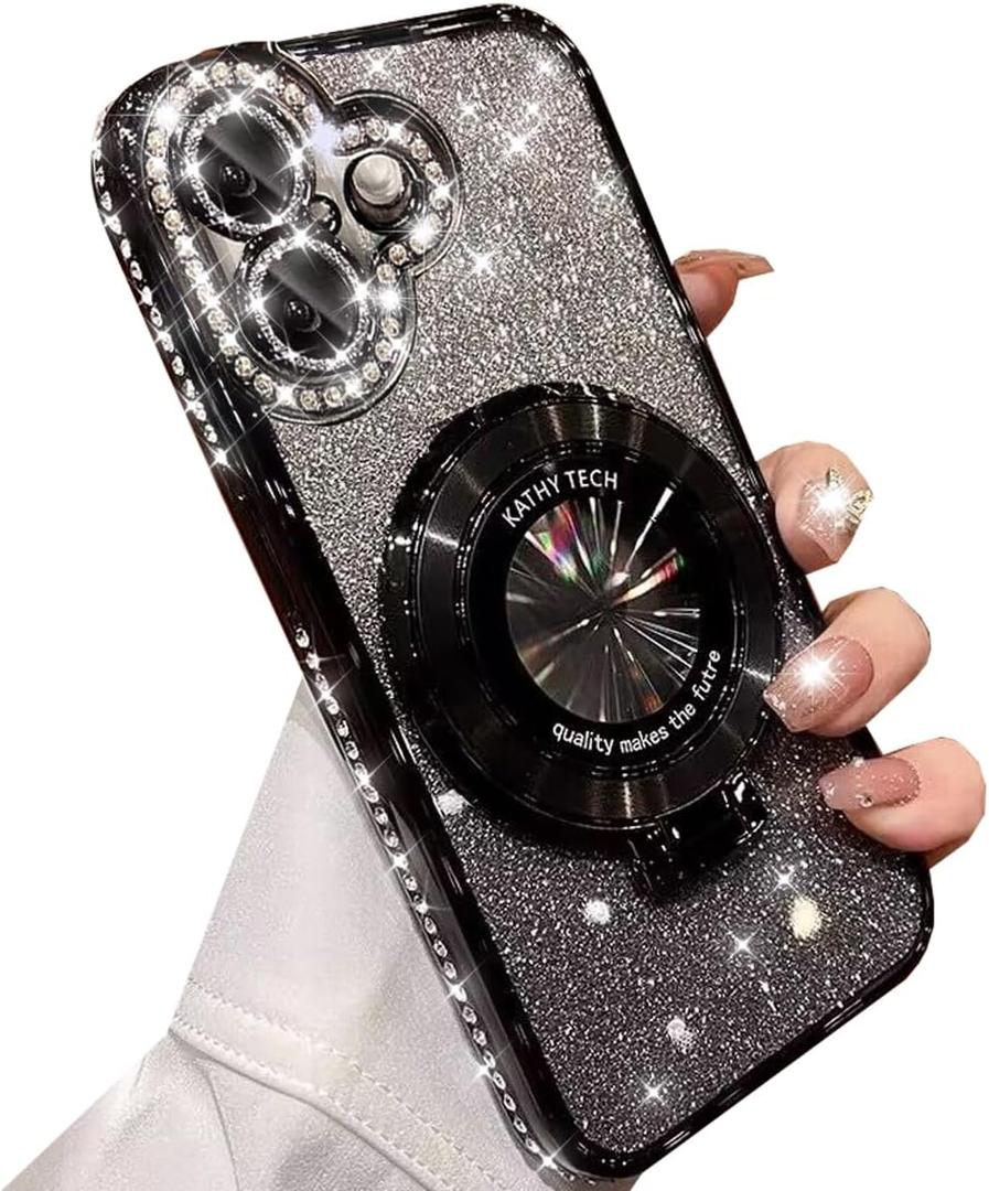 Changjia Magnetic Kickstand Glitter Case for iPhone 16 Plus, [Compatible with Magsafe] Luxury Bling Sparkly Diamond Rhinestone with Camera Lens Protector Women Girls Case for iPhone 16 Plus 6.7",Black