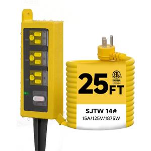 Outdoor Power Strip Weatherproof, 3 AC Outlets, 25FT Extension Cord