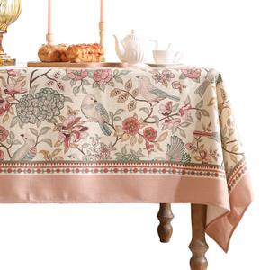 patdrea Designer Pink Linen Table Cloth for Rectangle Table,Vintage Floral with Birds Pattern Decorative Tablcloth,French Table Cover for Kitchen Dining,Thanksgiving,Christmas