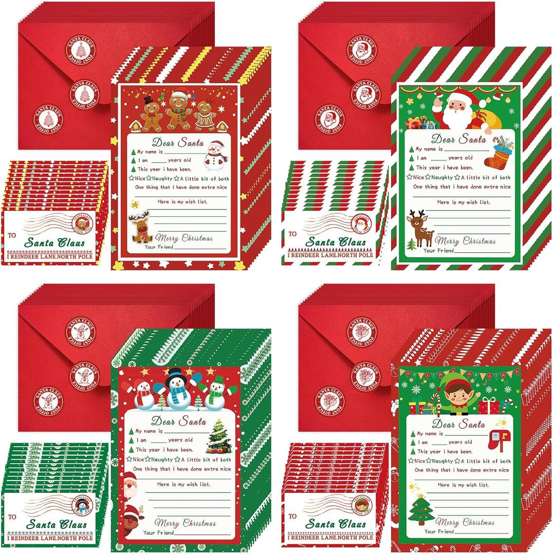 192 Pcs Letter to Santa Kit Official Wish List 48 Set Santa Letter with Christmas Cards 5"x 7"Envelopes Stickers Stamps for Writing Christmas List Holiday Greeting