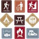 Blulu 9 Pcs Camping Themed Party Decorations, 10-11.8 Inch Laminated Camping Sign Cutouts, Picnic Theme Party Signs, Climbing Fishing Tents Campfire Trash Car Paper Cutouts with 40 Glue Point Dots