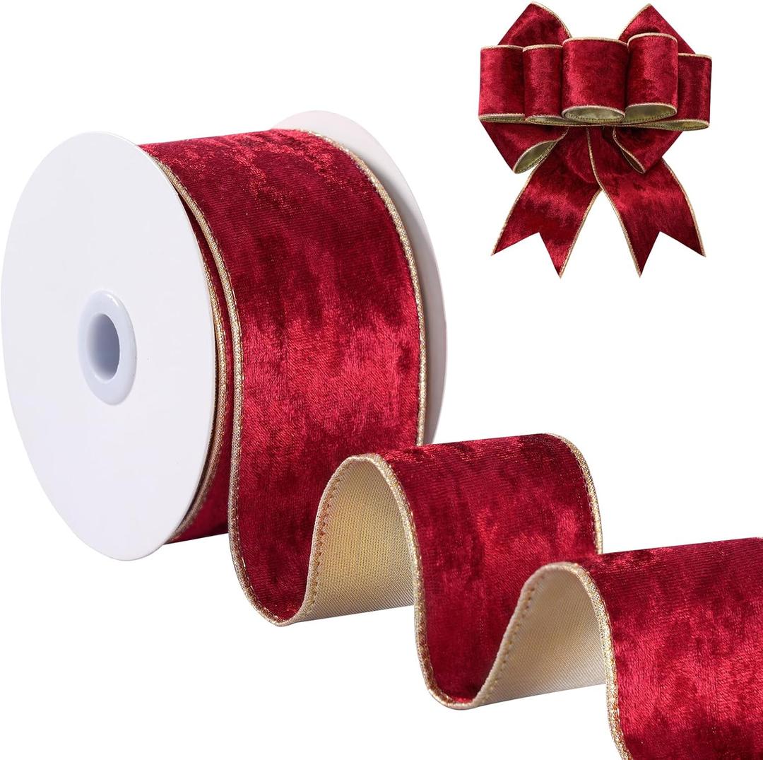 FAKILO Wired Velvet Ribbon 2-1/2 inch, Red Metallic Velvet Wire Ribbon for Wreath, Christmas Tree, Gift Wrapping, Large Bows, Garland, Festival Decor - Continuous 10 Yards/Roll