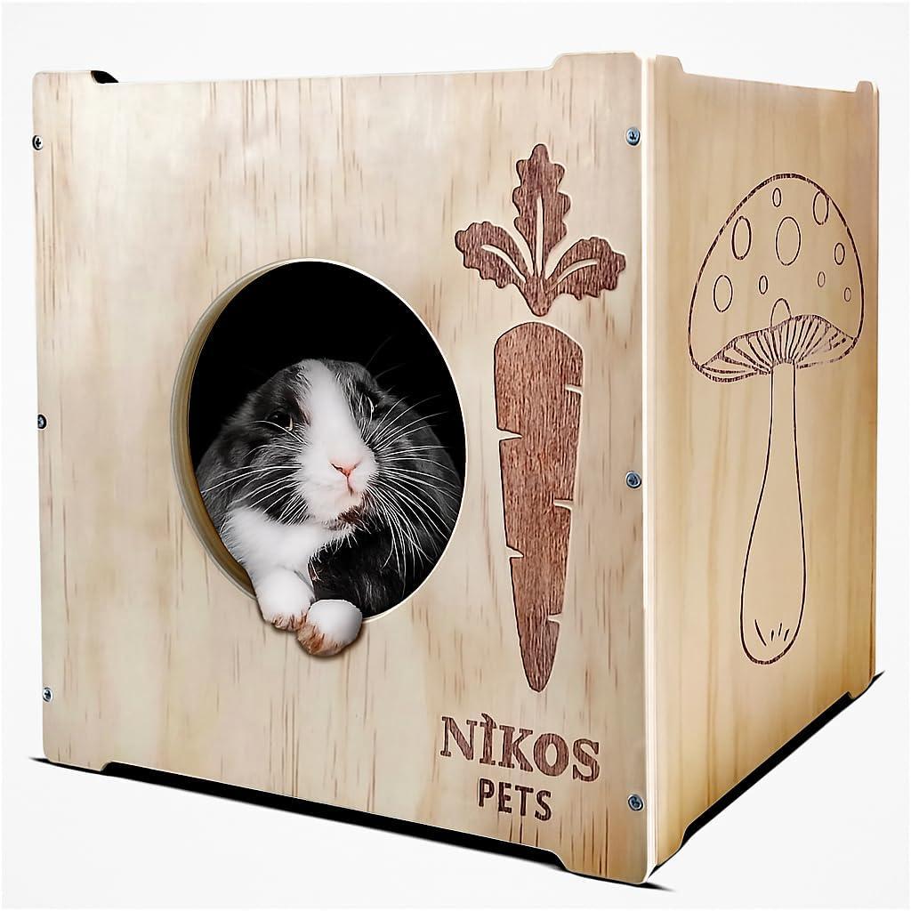 Wooden Rabbit Hideout, Rabbit Bed, Indoor Hutch, Bunny House Pet for Bunnies, Guinea Pigs, Outdoor Shelter Hut, Small Animal Hideaway, Bunny Playground (12.5 x 12.5 in)
