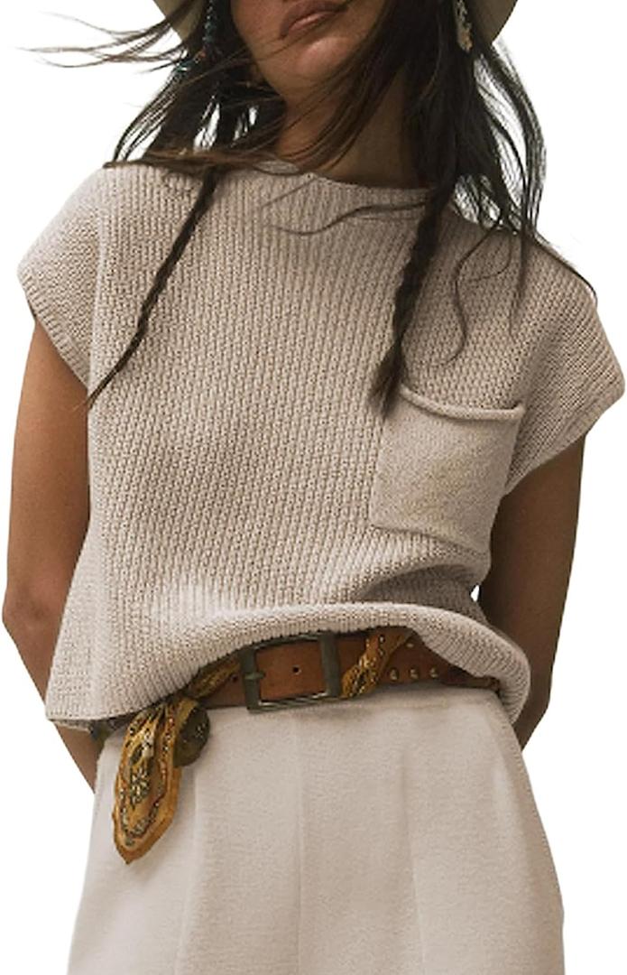 UANEO Sweater Vest Women Mock Neck Casual Cropped Knit Pullover Cap Sleeve Sweater for Women Top Spring (Small, Lightkhaki)