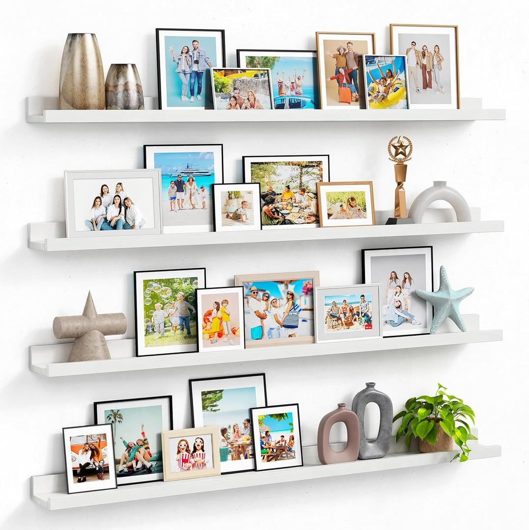 Forbena 48 Inch Floating Shelves for Wall Set of 4, Large White Picture Ledge Shelf for Living Room Photo Frames, Extra Long Wood Wall Shelves with Lip for Bedroom Hallway Office Nursery Kids Books