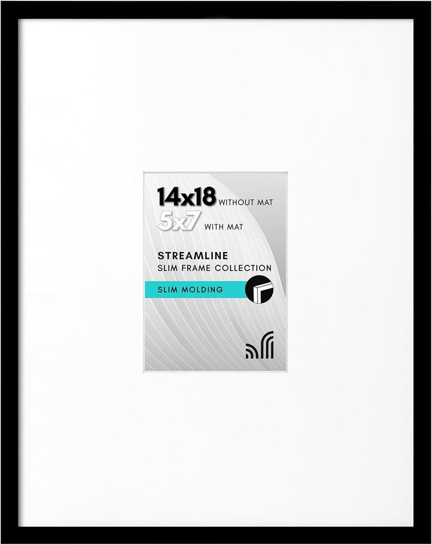Americanflat 14x18 Picture Frame with Polished Plexiglass - Use as 5x7 Frame with Mat or Display 14x18 Photo Without Mat - Streamline Collection - Thin Border Picture Frames for Wall - Black