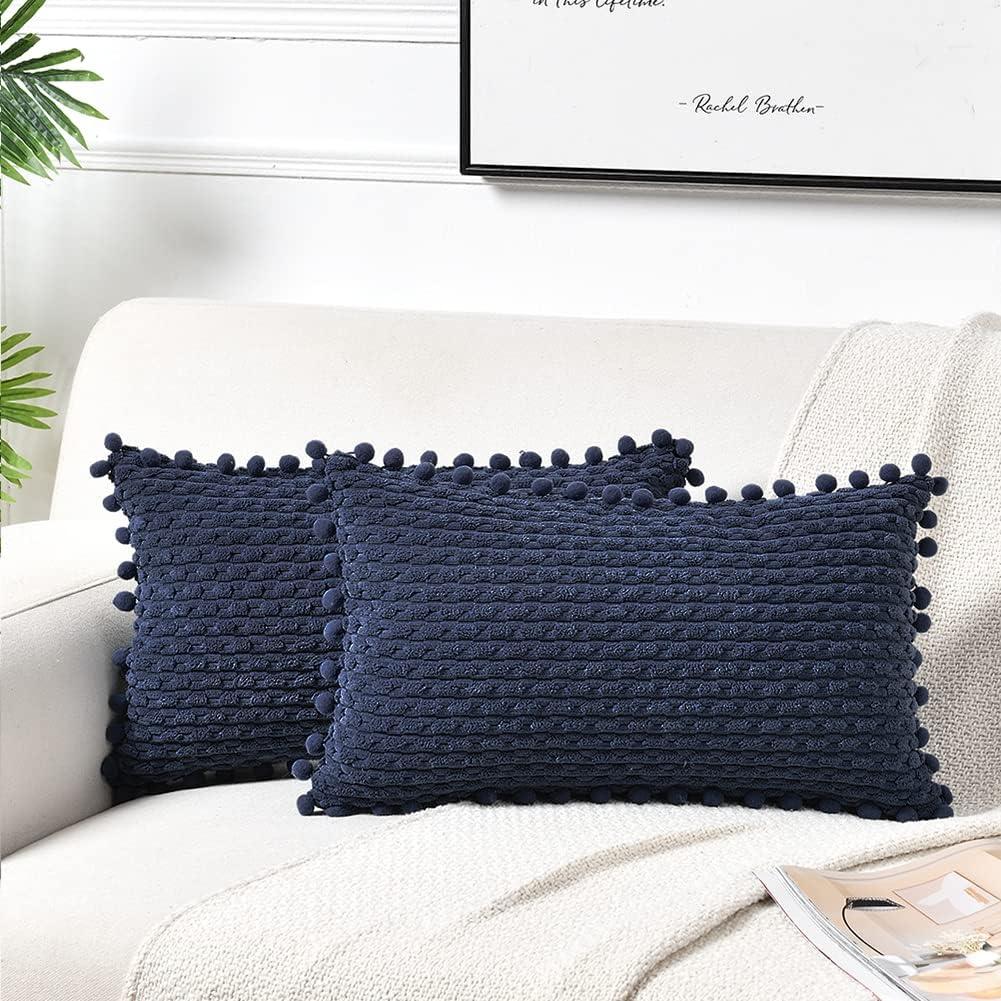 Fancy Homi Set of 2 Navy Blue Decorative Throw Pillow Covers 12x20 Inch with Pom-poms for Couch Bed Sofa, Modern Farmhouse Boho Home Decor, Soft Plush Corduroy Cute Cushion Case 30x50 cm