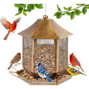 Bird Feeder, Heavy Duty Metal Bird Feeders for Outdoors Hanging, Weather Resistant Wild Bird Feeders for Outside Garden Yard, 3.5LB Seed Capacity, Hexagon Gazebo Style