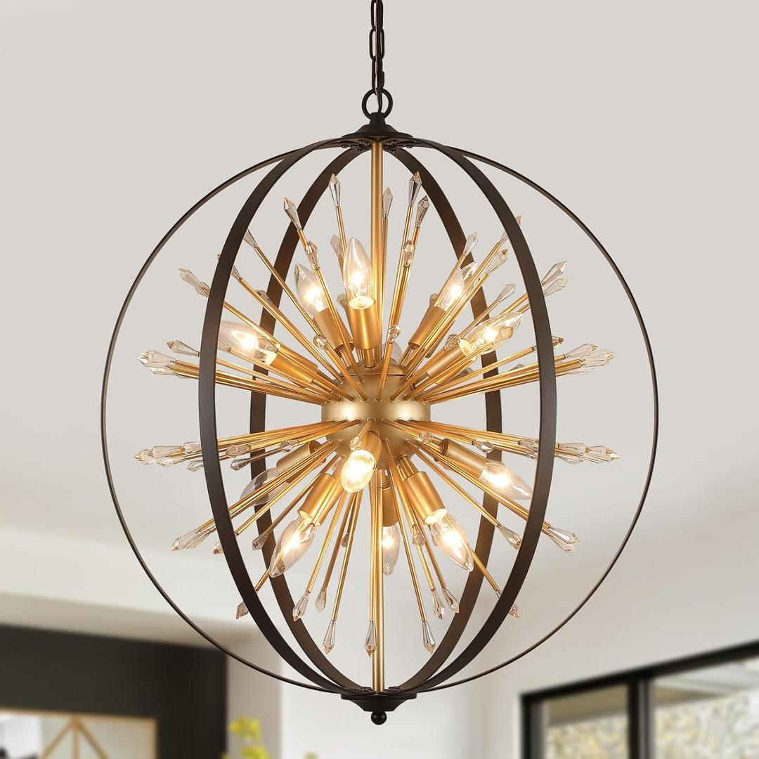 Modern Sputnik Chandelier, Black Gold Globe Crystal Firework Pendant Light Fixture Industrial 12-Light for Entryway Foyer Kitchen Dining Living Room UL Listed