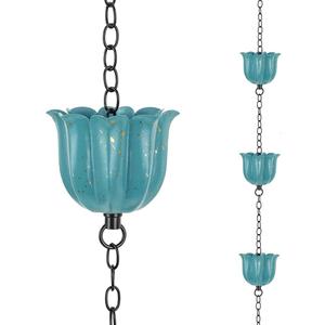 8.2ft Rain Chains for Outside, 10-Cup Lotus Rain Chain Replacement Downspout for Gutters, Eaves, Drainage, Adjustable Length(Light Blue)