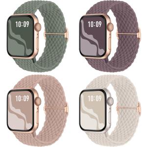 Braided Stretchy Solo Loop Compatible for Apple Watch Band 38mm 40mm 41mm 42mm 44mm 45mm 46mm 49mm for Women Men, Nylon Elastic Straps Wristbands for iWatch Series 10 9 8 7 6 SE 5 4 3 2 Ultra Ultra 2 (Starlight/Nude Pink/Smoke Violet/Cactus) 4 Pack