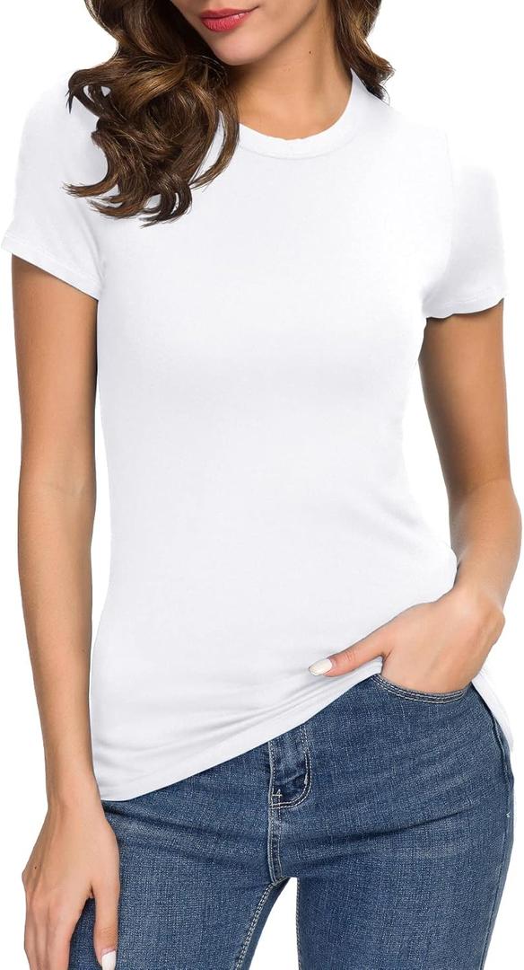Women's Crewneck Slim Fitted Short Sleeve T-Shirt Stretchy Bodycon Basic Tee Tops (XS, White)