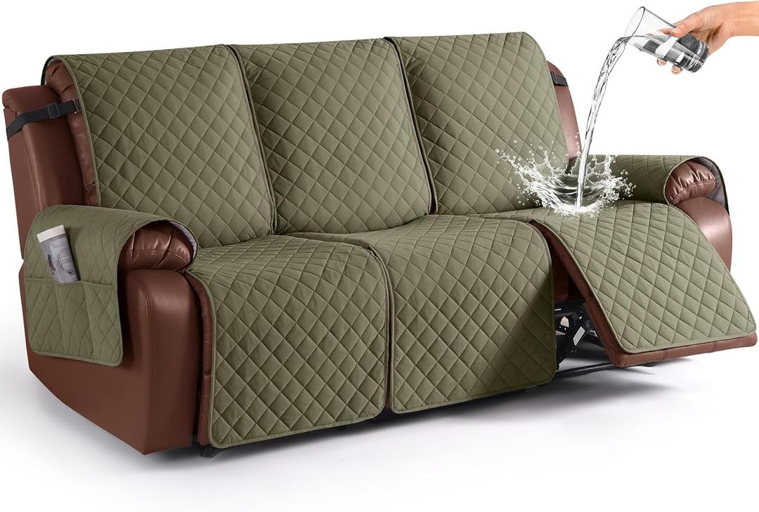 KinCam Waterproof Recliner Sofa Cover, Non-Slip Reclining Couch Covers for 3 Seat, Recliner Couch Cover Furniture Protector with Elastic Straps for Pets, Kids, Gray Green