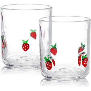 2 Pack Icon Juice Glass Strawberry, Old Fashioned Transparent Cup Heat & Cold Resistant Coffee Cup with Heavy Base, Cute Cocktail Glass Drinking Mug 16 oz, Strawberry Design for Birthday Gift