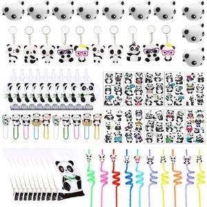 JOYMEMO Panda Party Favors, Panda Gift Goodie Bags Stickers with Keychains Straws Squishy Toys Clips and Blowers, Panda Theme Birthday Party Supplies Rewards Prize