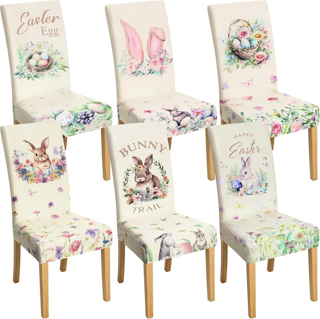 Hosuly 6 Pcs Easter Chair Covers Print Bunny Egg Flower Removable Seat Covers for Home Easter Spring Restaurant Decor or Hotel Restaurant Party Banquet
