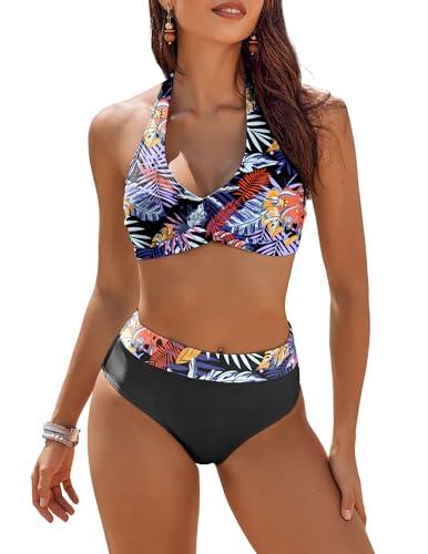 AI'MAGE Women's High Waisted Bikini Sets Tummy Control Swimsuits 2025 Two Piece Bathing Suits Color Block Halter Swim Suits, Tropical Printed, Large