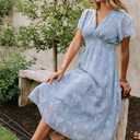 Women's Summer Casual Midi Dress Short Sleeve Smocked Floral Dress Elastic Waist V Neck Wedding Guest Dresses (Blue, M)