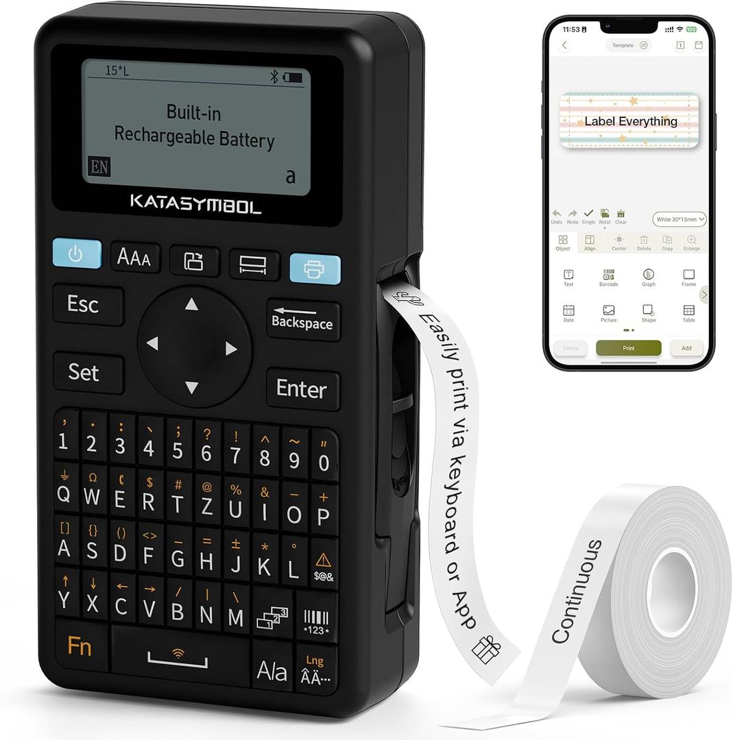 SUPVAN E11 Bluetooth Label Maker Machine, Support Keyboard & App with 30+ Fonts and 660+ Icons, Rechargeable Inkless Labeler for Home, Kitchen, Office, School, Organization, Black