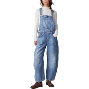 Ladyful Women's Denim Overall Casual Straight Wide Leg Bib Jeans Overall Adjustable Straps Denim Romper Stretch Jumpsuits (Large, Blue)