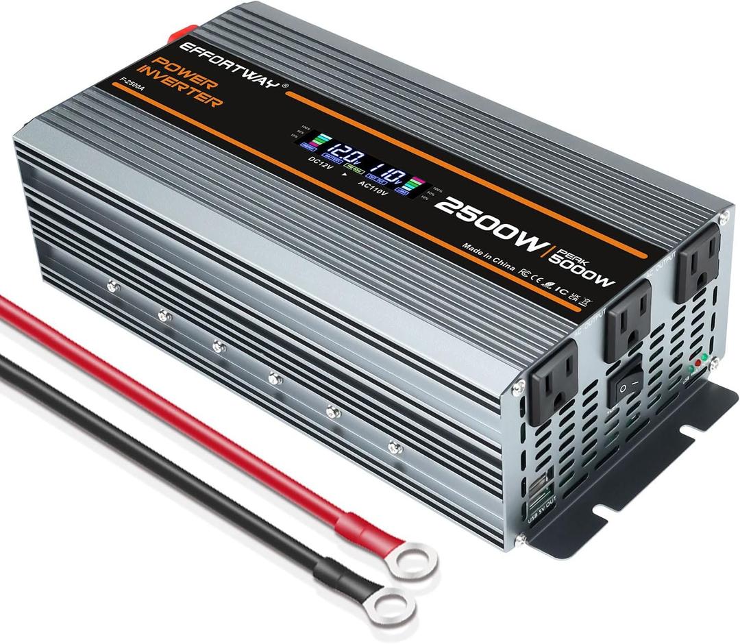 2500W Power Inverter. 12V DC to 110V/120V AC Converter 5000W (Peak) with LCD Display, 3 AC outlets, 2 USB, 2500w Inverter for Camping RV Travel Outdoor Truck Off-Grid Solar inverters