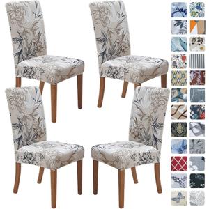 SPRINGRICO Chair Covers for Dining Room Set of 4, Stretch Dining Chair Cover, Washable Spandex Kitchen Parsons Chair Slipcovers, Removable Seat Protector for Home or Party (4 Pack, Floral Beige)