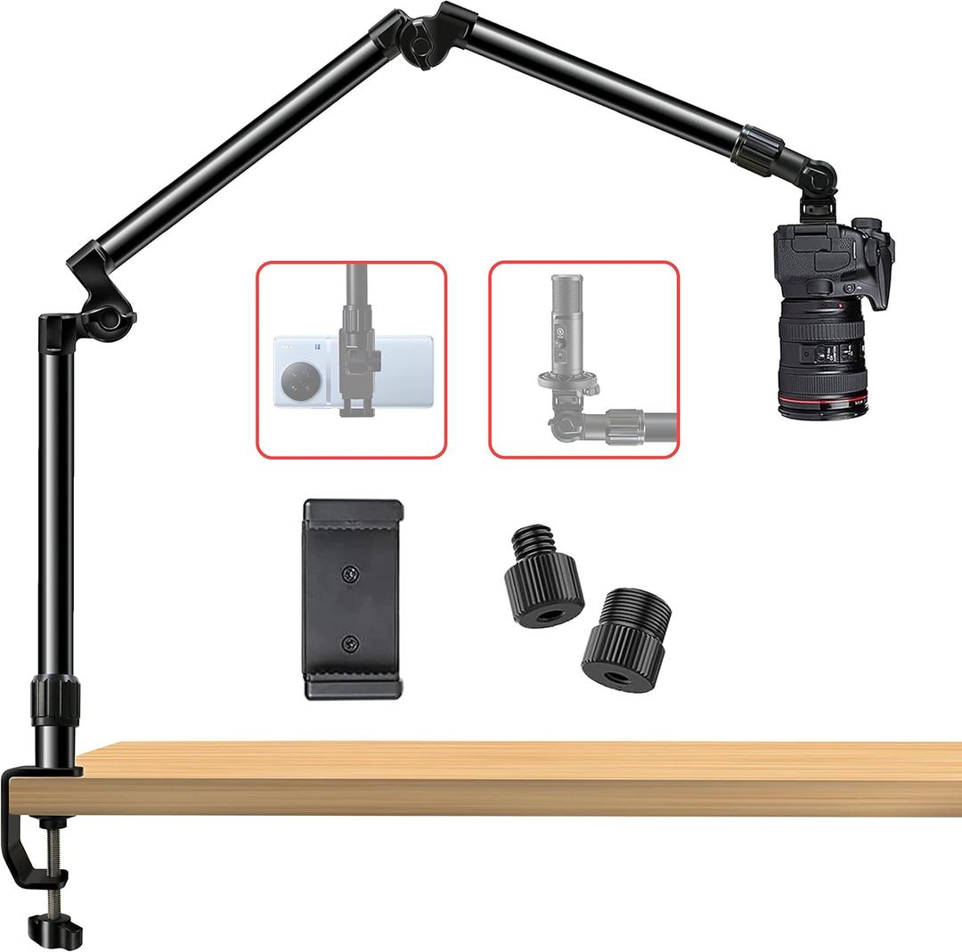 Overhead Camera Mount Desk Stand, Bearing 18lb, Base& Top 360 Adjustable, with 1/4 3/8" 5/8" Screw, 3-Section Flexible Articulating Metal Arm for DSLR Camera/Webcam