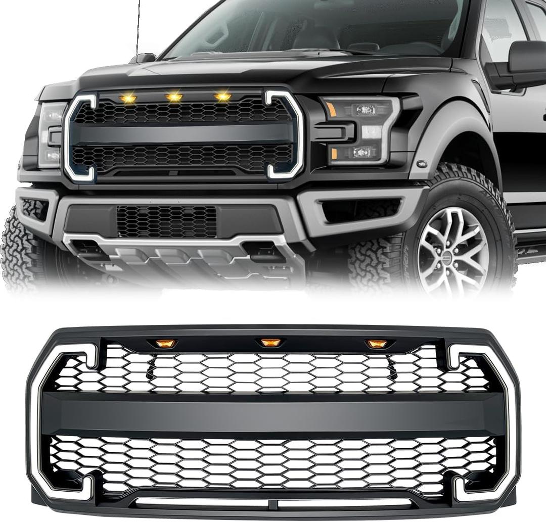 EOMD Mesh Style Front Bumper Grill Compatible with 2015 2016 2017 F150 W/DRL & Turn Signal Lights Matte Black