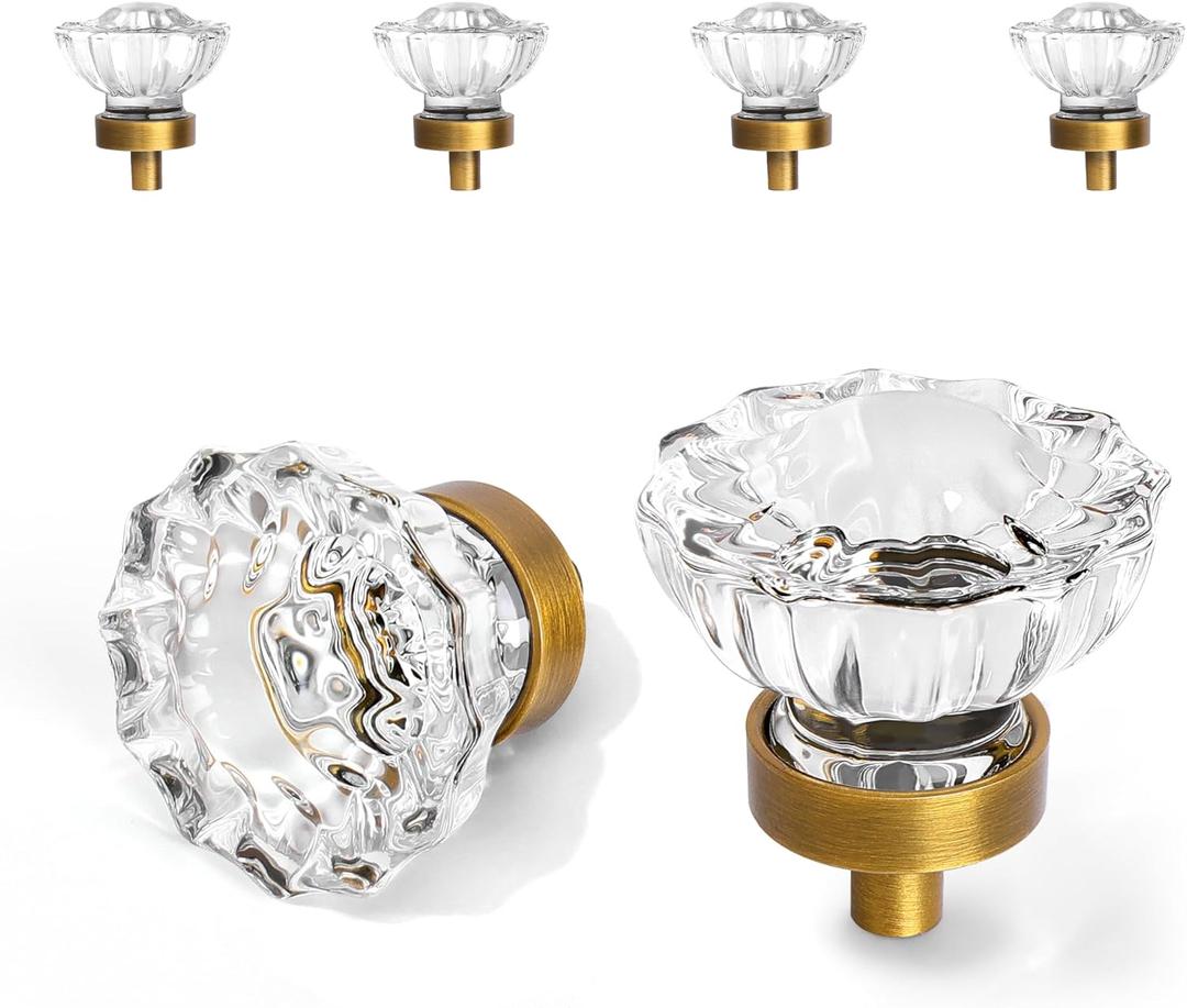 Vintage Cabinet Knobs Crystal Cabinets Knob 4 Pack, Antique Brass Small Pull Clear Crystal For Closet Dresser Drawers Cupboard Wardrobe, Solid Alloy Retro Pulls Single-Hole Old Fashioned Handle